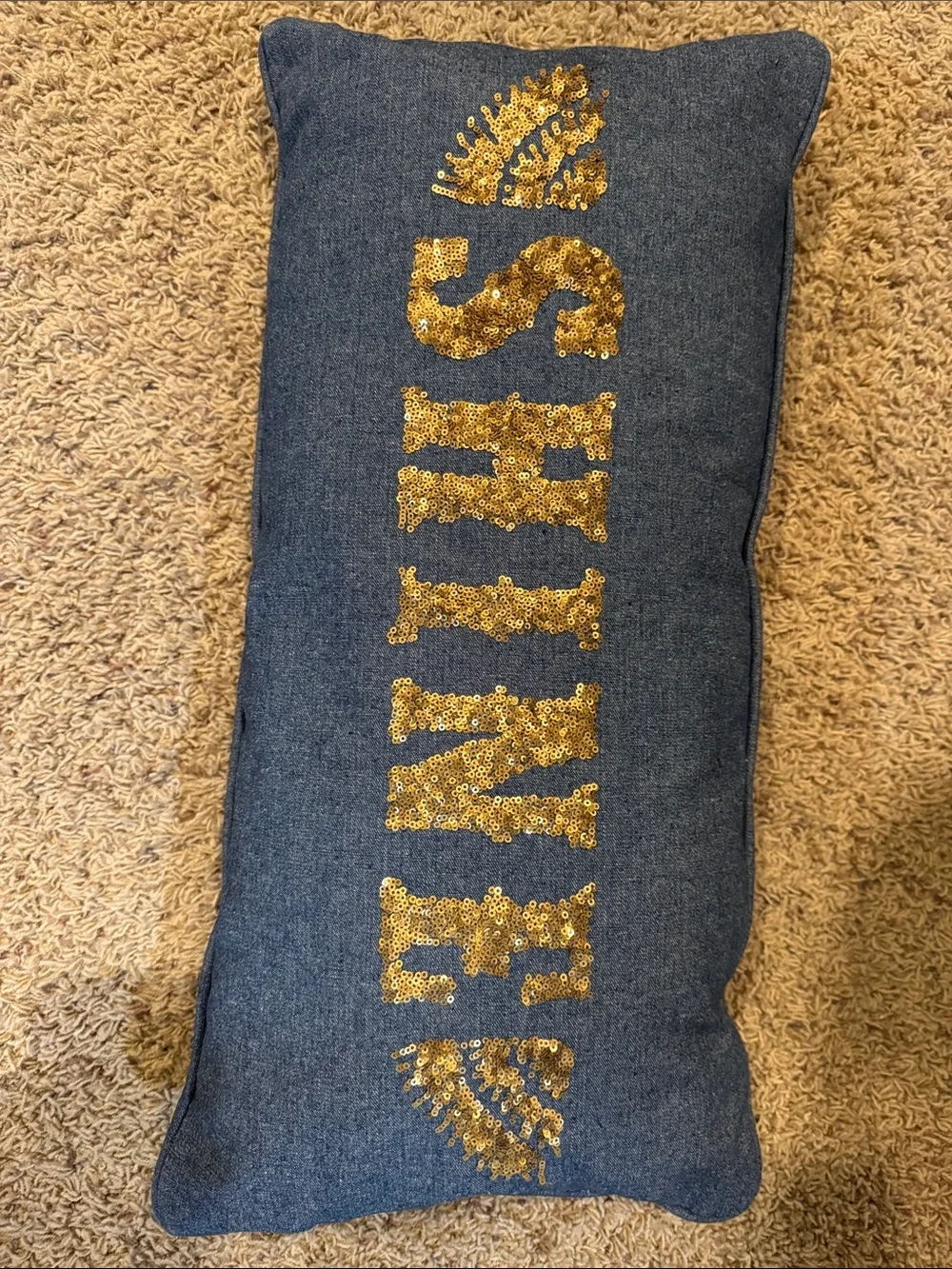 Pottery Barn Teen Junk Gypsy Denim Pillow with Gold Sequin accents about 11x24